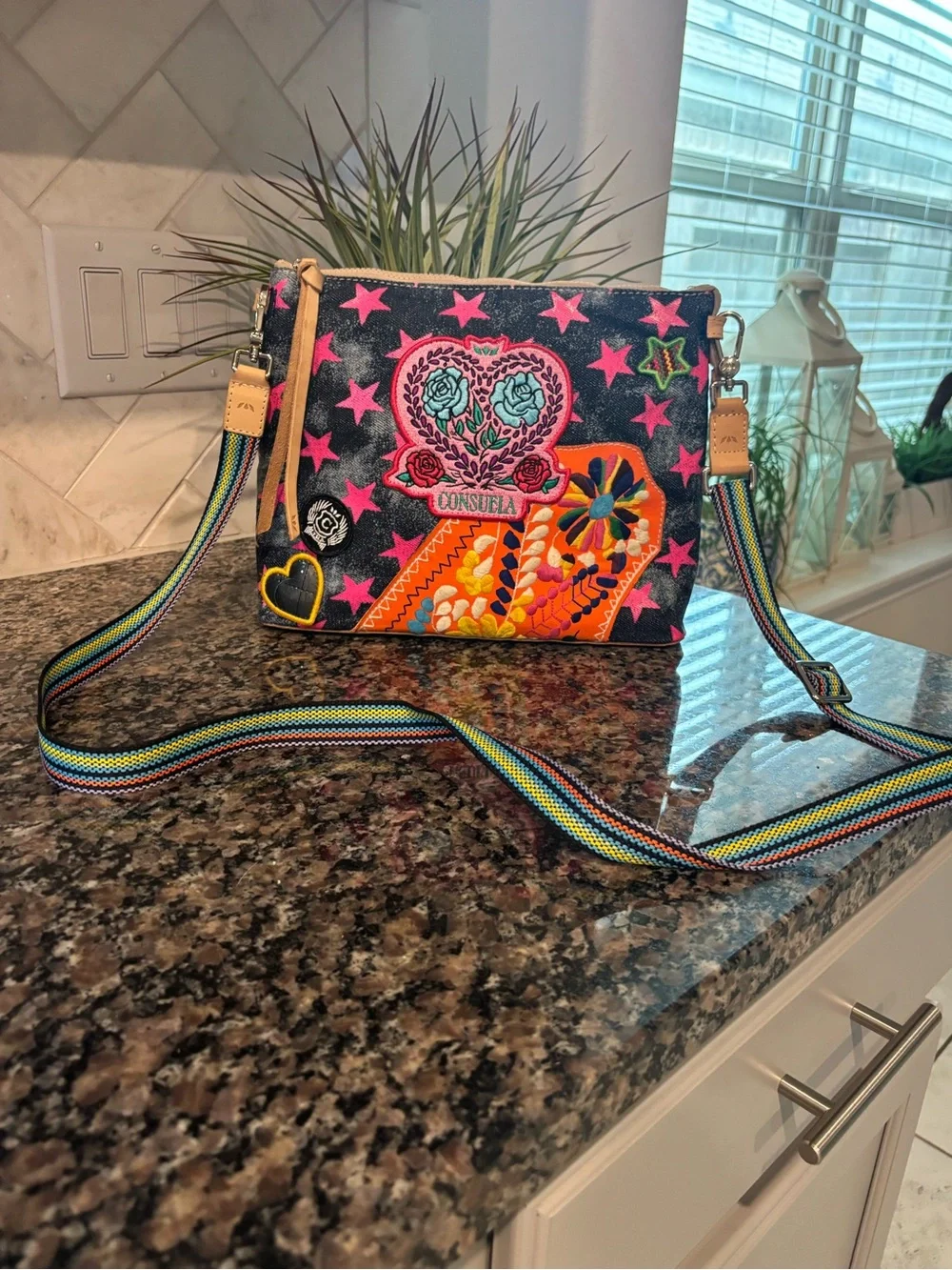 Consuela Multicolor Embroidered Crossbody with Leather Trim
